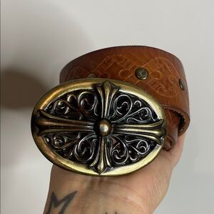 Linea Pelle | Brown Leather Belt Ornate Cross Buckle Size Medium